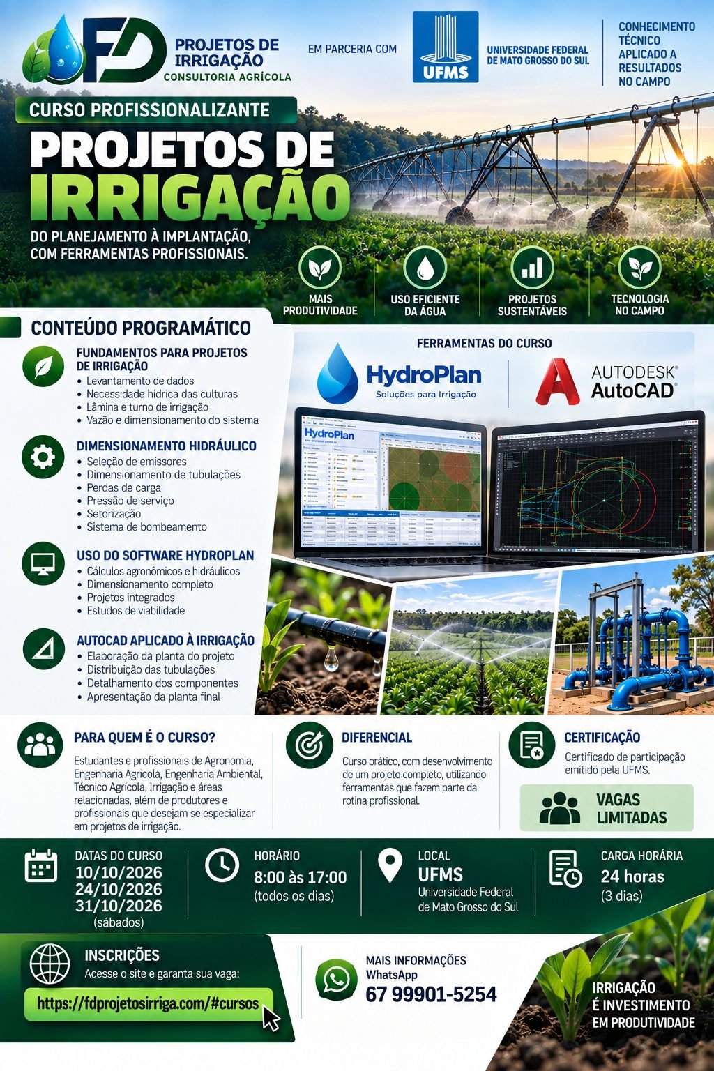 Convite do curso profissionalizante de Projetos de Irrigação, em parceria com a UFMS. Datas 10, 24 e 31 de outubro de 2026, aos sábados, das 8h às 17h, na UFMS em Campo Grande. Carga horária de 24 horas. Conteúdo: fundamentos, dimensionamento hidráulico, software HydroPlan e AutoCAD aplicado à irrigação. Inscrições em fdprojetosirriga.com barra cursos. Informações pelo WhatsApp 67 99901-5254.